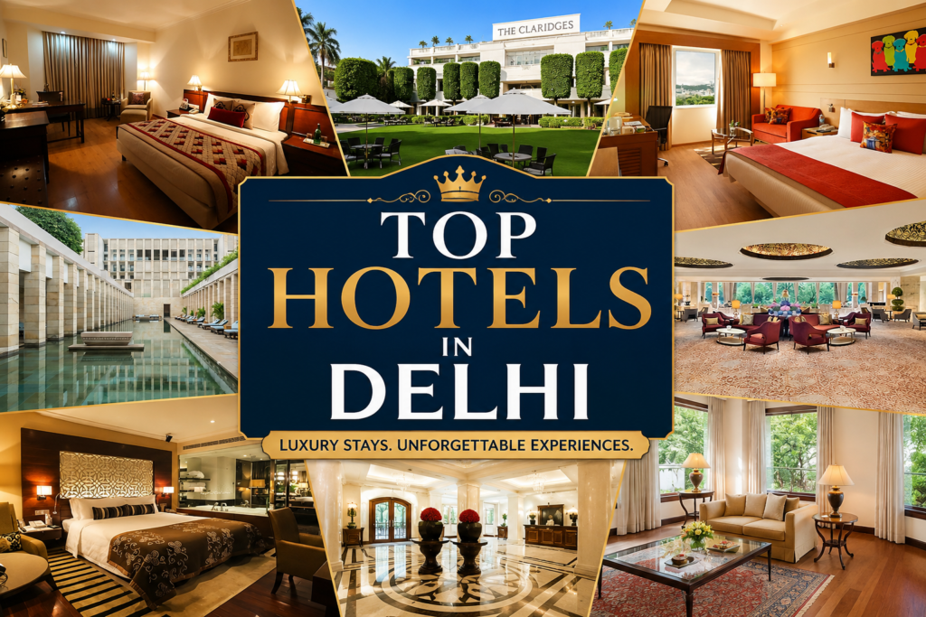 Collage featuring some of the best hotels in Delhi, including luxury rooms, hotel lobbies, swimming pools, gardens, and premium accommodations in New Delhi.