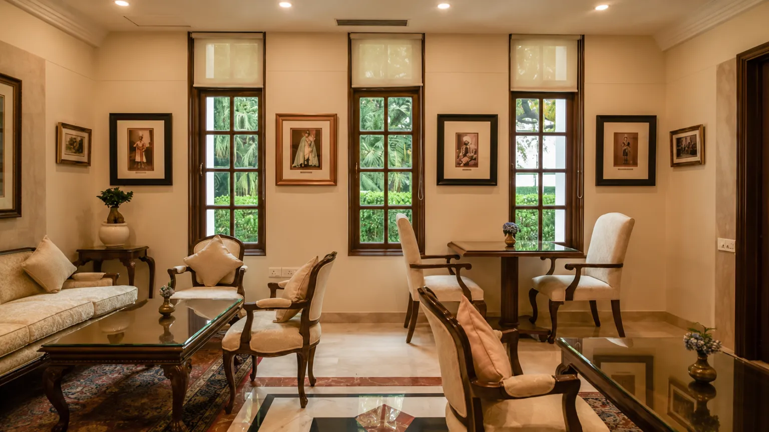 Ornate entrance hallway at The Imperial New Delhi featuring carved wooden doors, marble flooring, and luxurious heritage interiors.