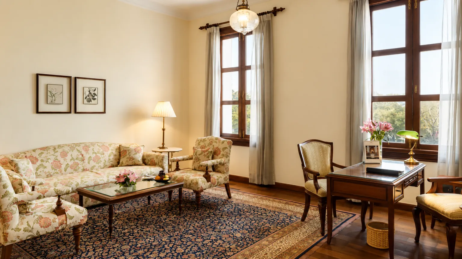 Spacious heritage-style suite at Maidens Hotel New Delhi with vintage furniture, large windows, wooden flooring, and classic décor.