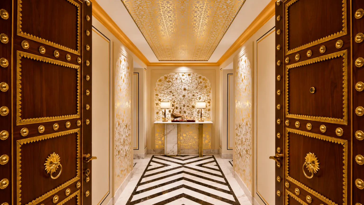 Elegant lounge at Taj Mahal New Delhi with comfortable seating, large windows, classic décor, and peaceful luxury ambience.