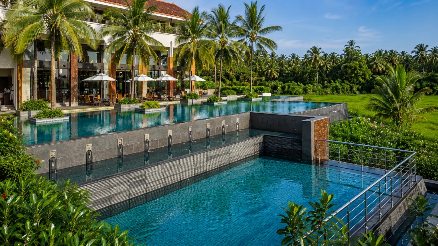Infinity pool overlooking lush paddy fields at Alila Diwa Goa surrounded by tropical palm trees.