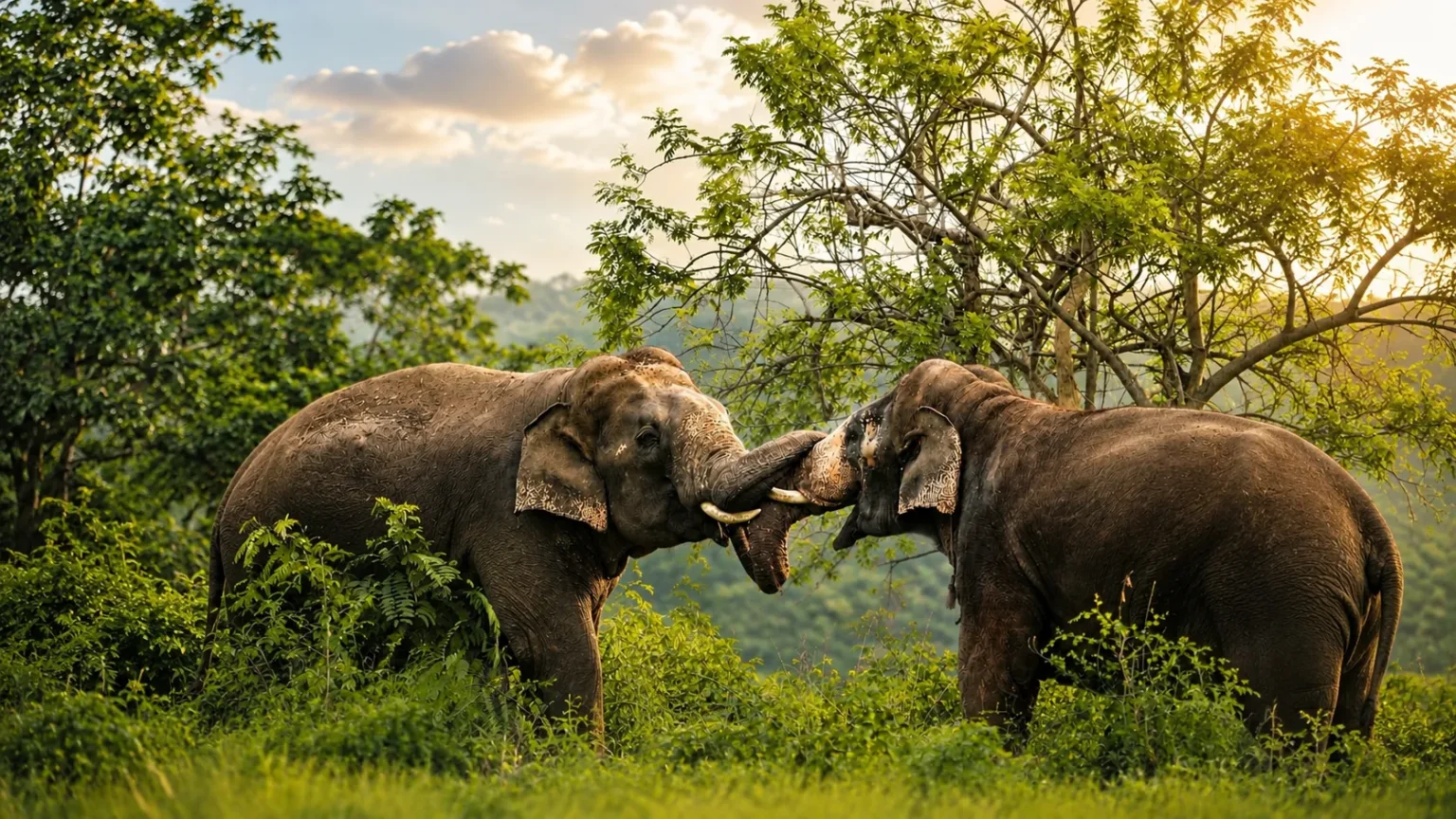 Two wild Asian elephants interacting in a lush green forest surrounded by dense vegetation during golden hour.