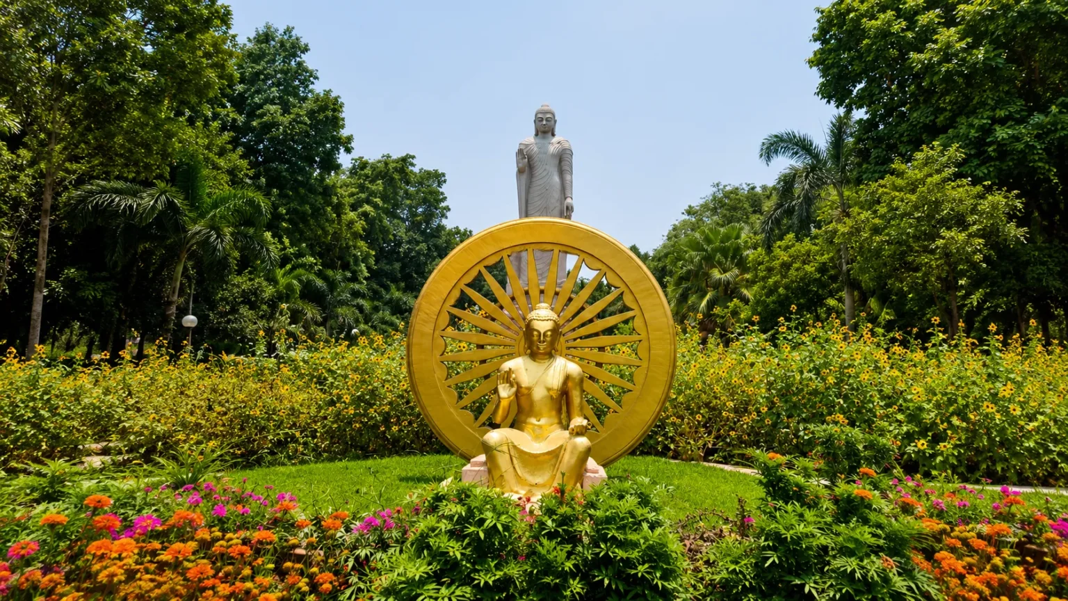 Golden Buddha statue in a vibrant flower garden with a towering Buddha statue in the background at Sarnath, India.
