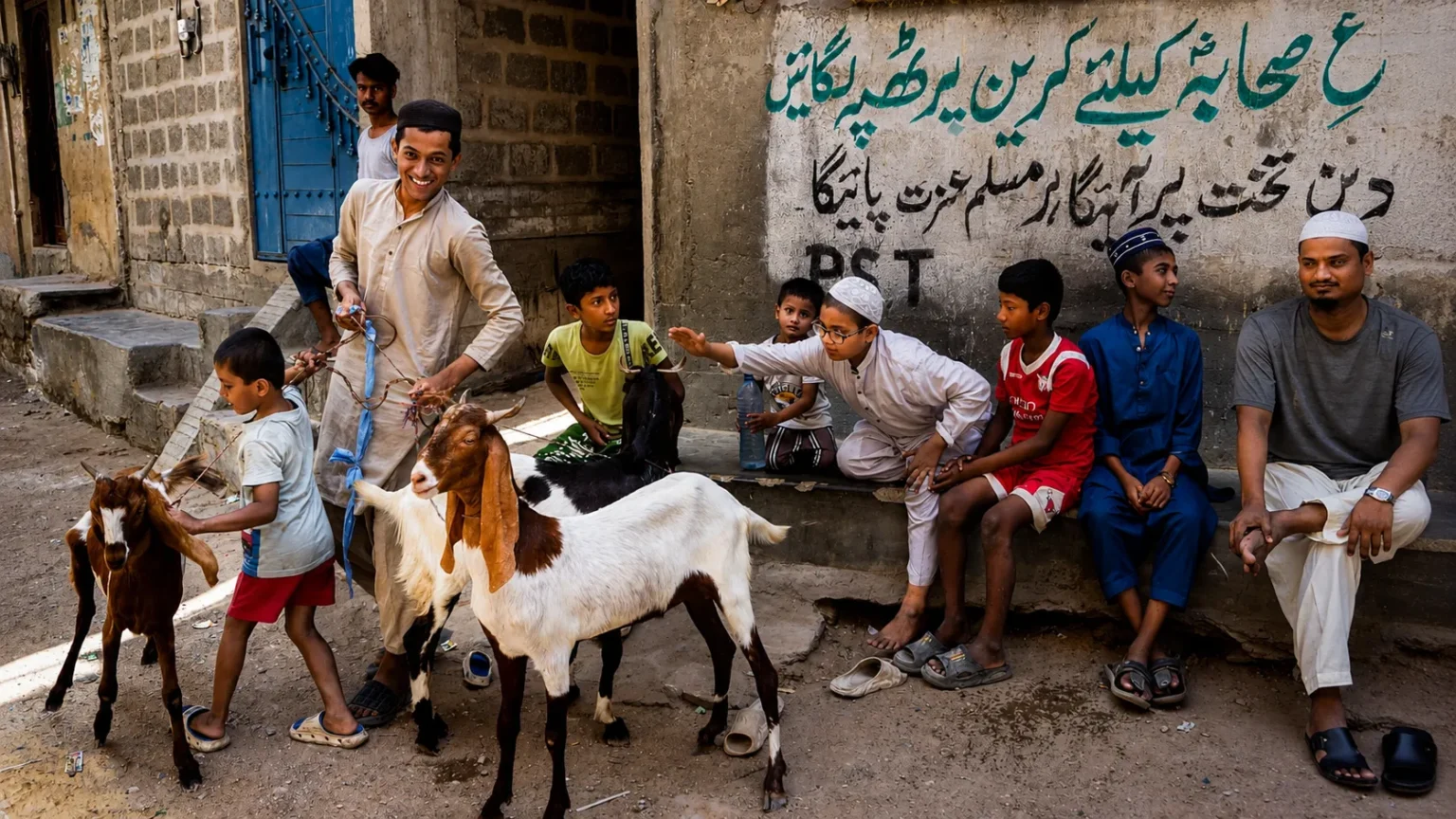 Children and families gathered in a neighborhood with goats during Eid al-Adha preparations, capturing a traditional community celebration.