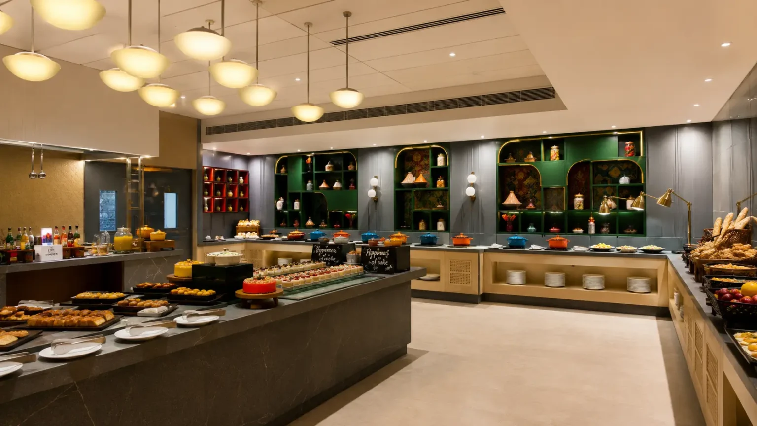 A wide food layout counter at a buffet restaurant with warm lighting, desserts, and green storage shelves at Crystal Sarovar Premiere Agra.