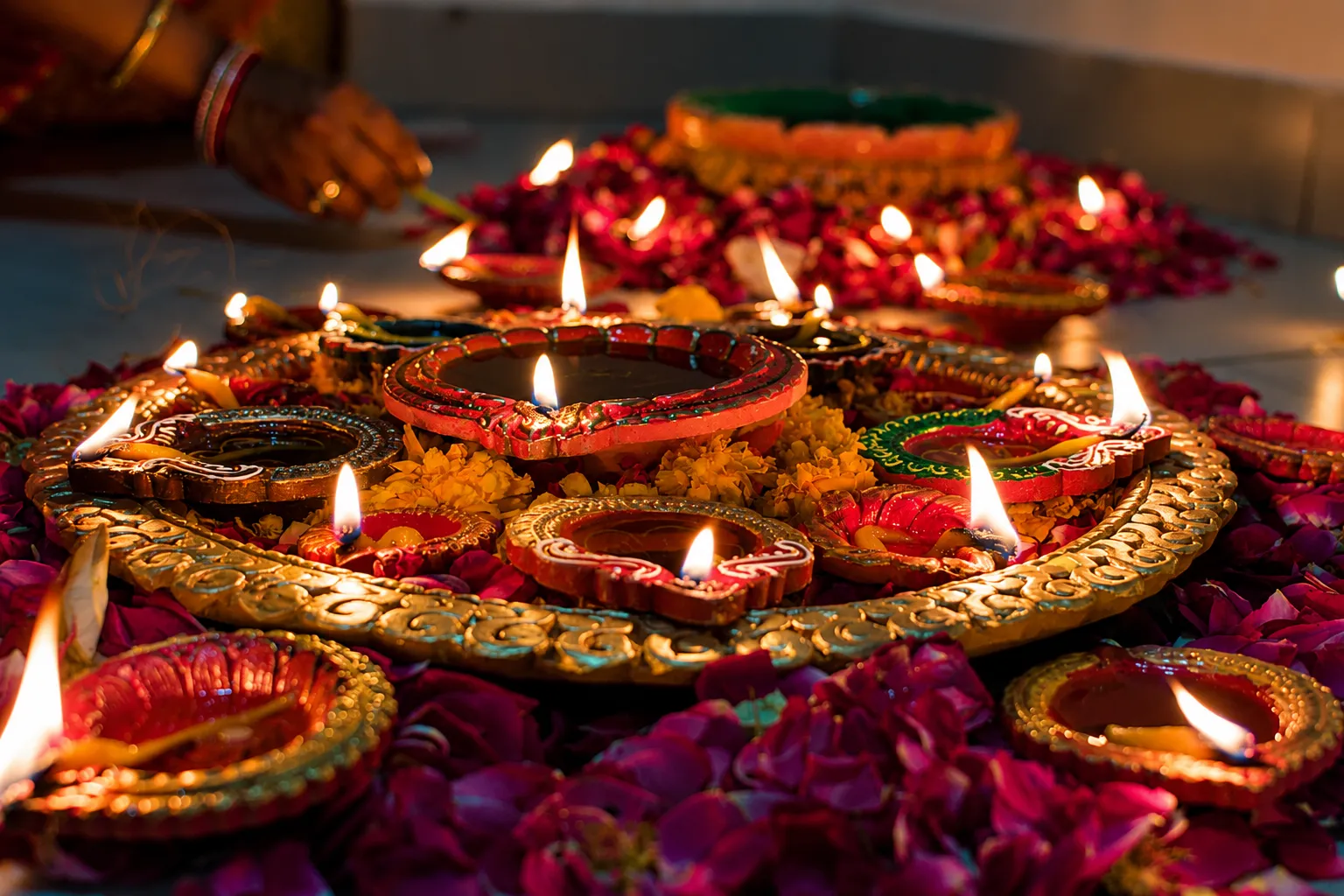Colorful clay diyas arranged on an ornate tray with marigold flowers and rose petals, glowing warmly during a Diwali celebration.