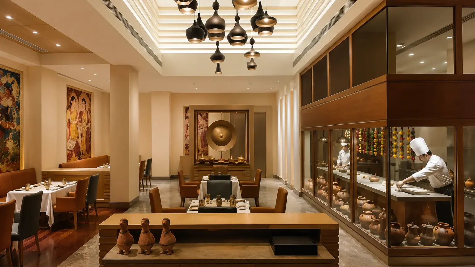 A luxury fine dining Indian restaurant with clay pots displayed behind glass and chefs cooking at DoubleTree by Hilton Agra.