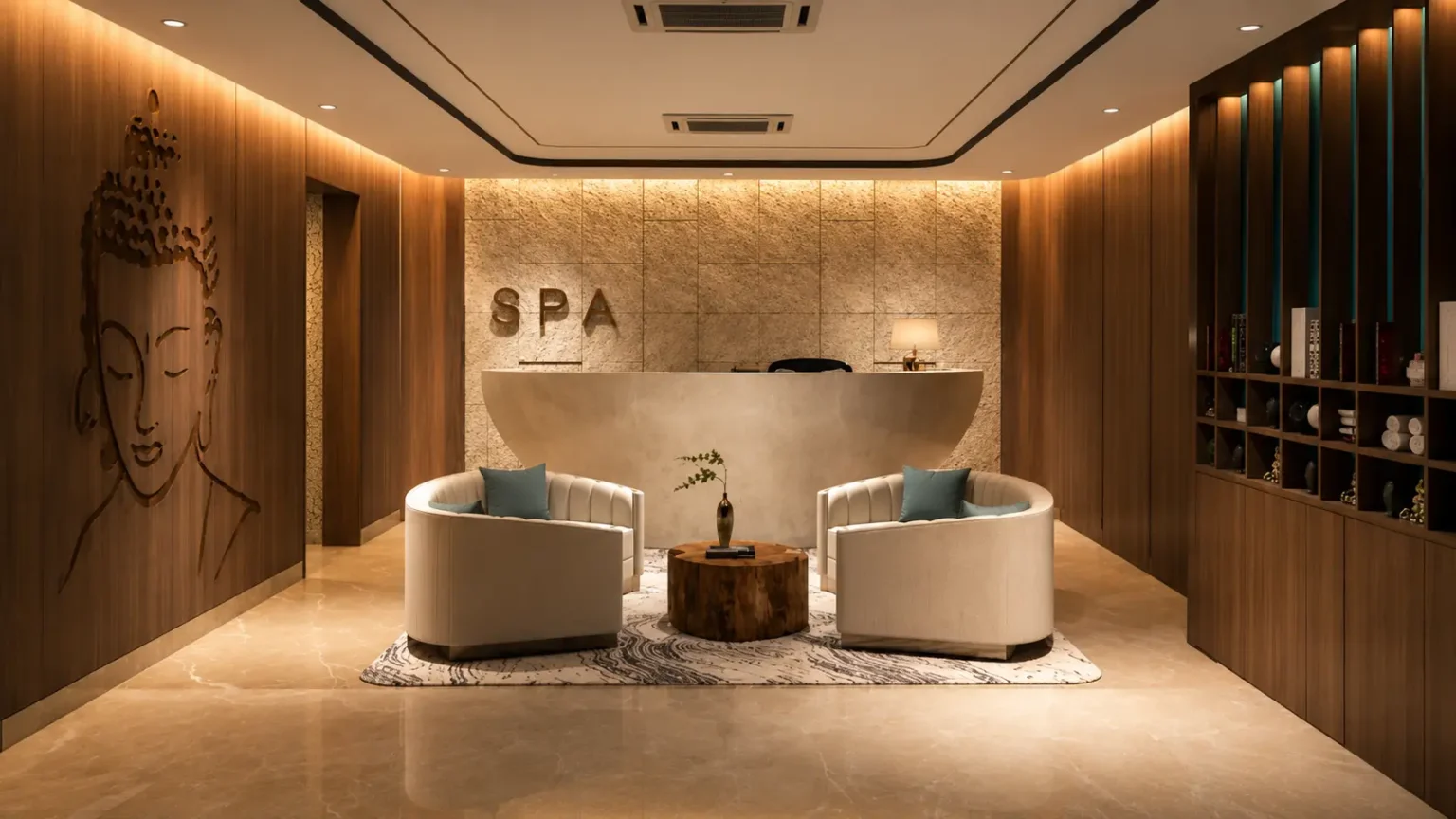 Modern spa reception at DoubleTree by Hilton Varanasi featuring elegant interiors, warm lighting, and relaxing ambiance.