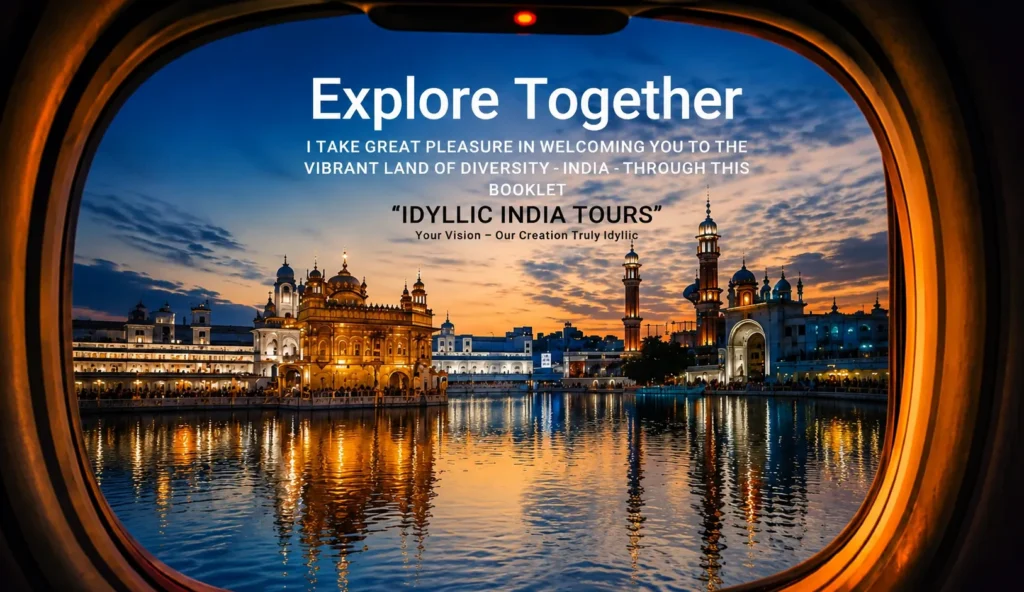 Golden Temple (Sri Harmandir Sahib) at sunset viewed through an airplane window, with glowing reflections on the sacred pool and dramatic evening sky in Amritsar, Punjab, India.