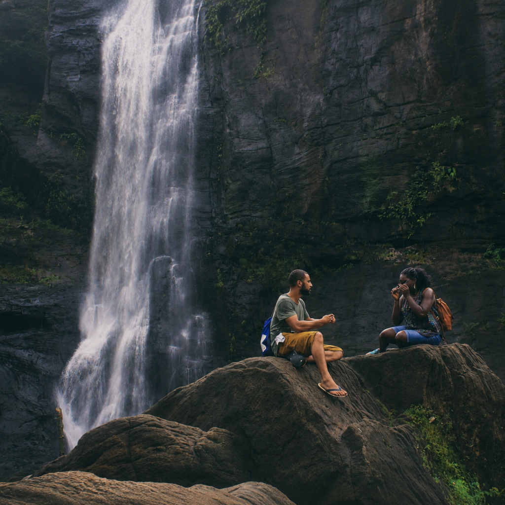 Exploring nature by the waterfall