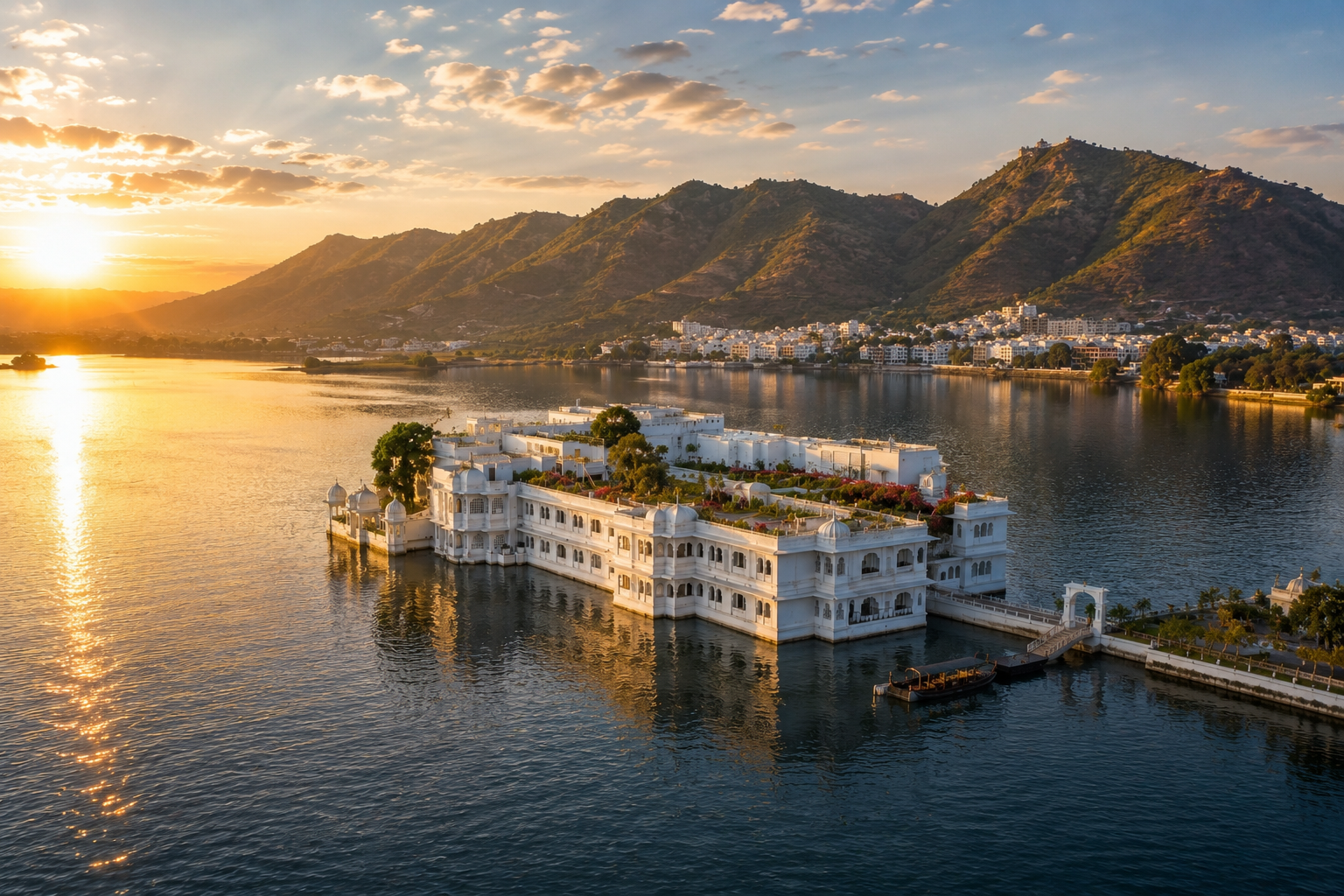 Aerial view of the white Lake Palace surrounded by Lake Pichola in Udaipur, with the Aravalli Hills and lakeside cityscape glowing in the warm evening sunlight.