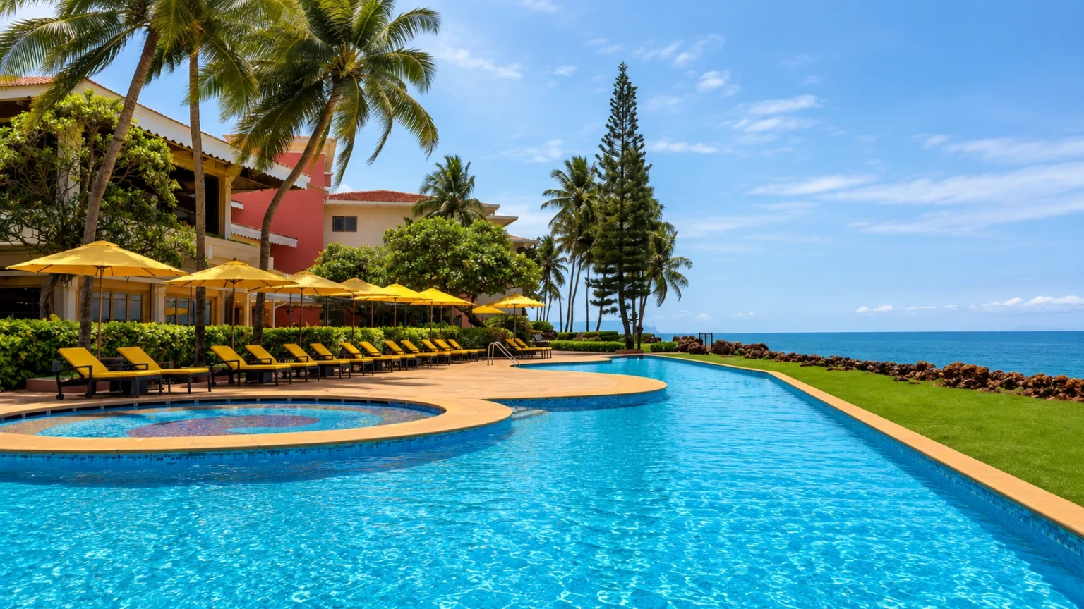 Oceanfront swimming pool at Goa Marriott Resort & Spa with palm trees, sun loungers, and Arabian Sea views.