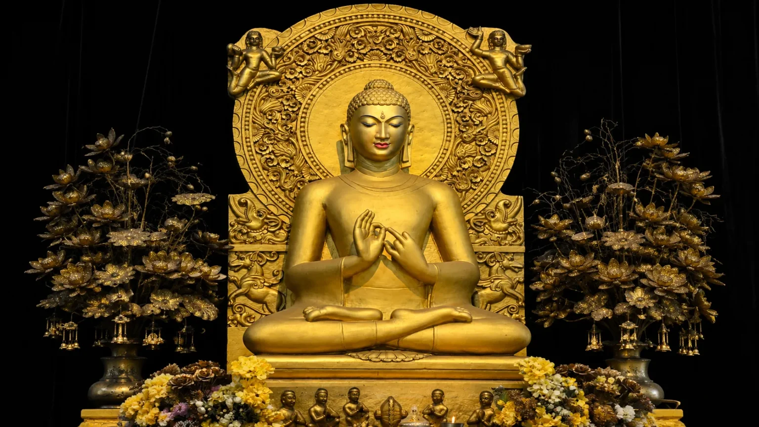 Golden Buddha statue seated in meditation on an ornate throne with floral decorations inside a serene Buddhist shrine.