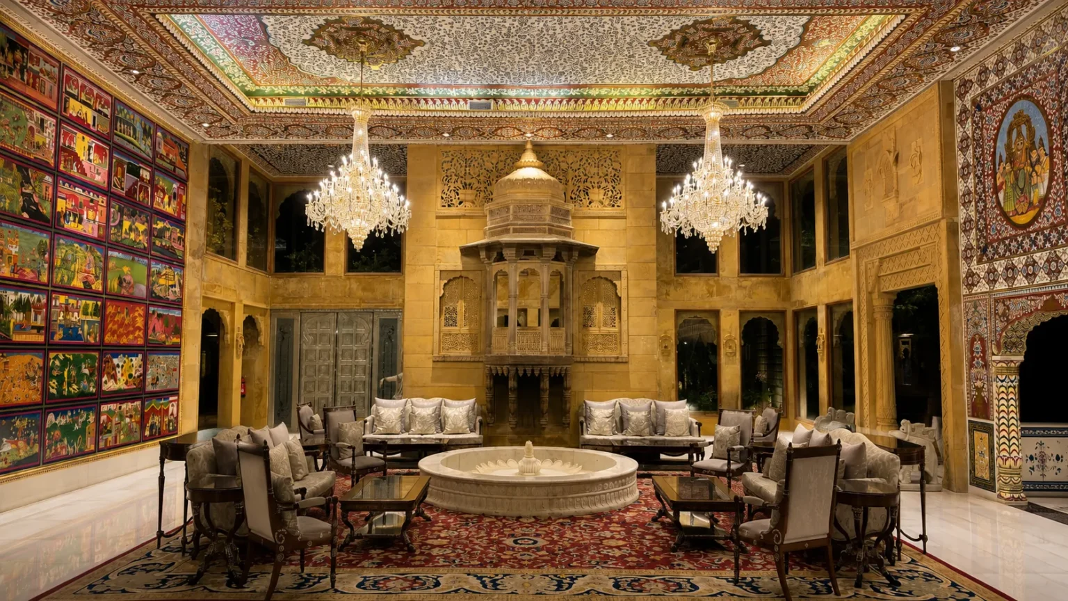 Lavish heritage-inspired lobby at Fateh Garh Udaipur featuring intricate Rajasthani artwork, crystal chandeliers, marble interiors, and handcrafted architectural details.