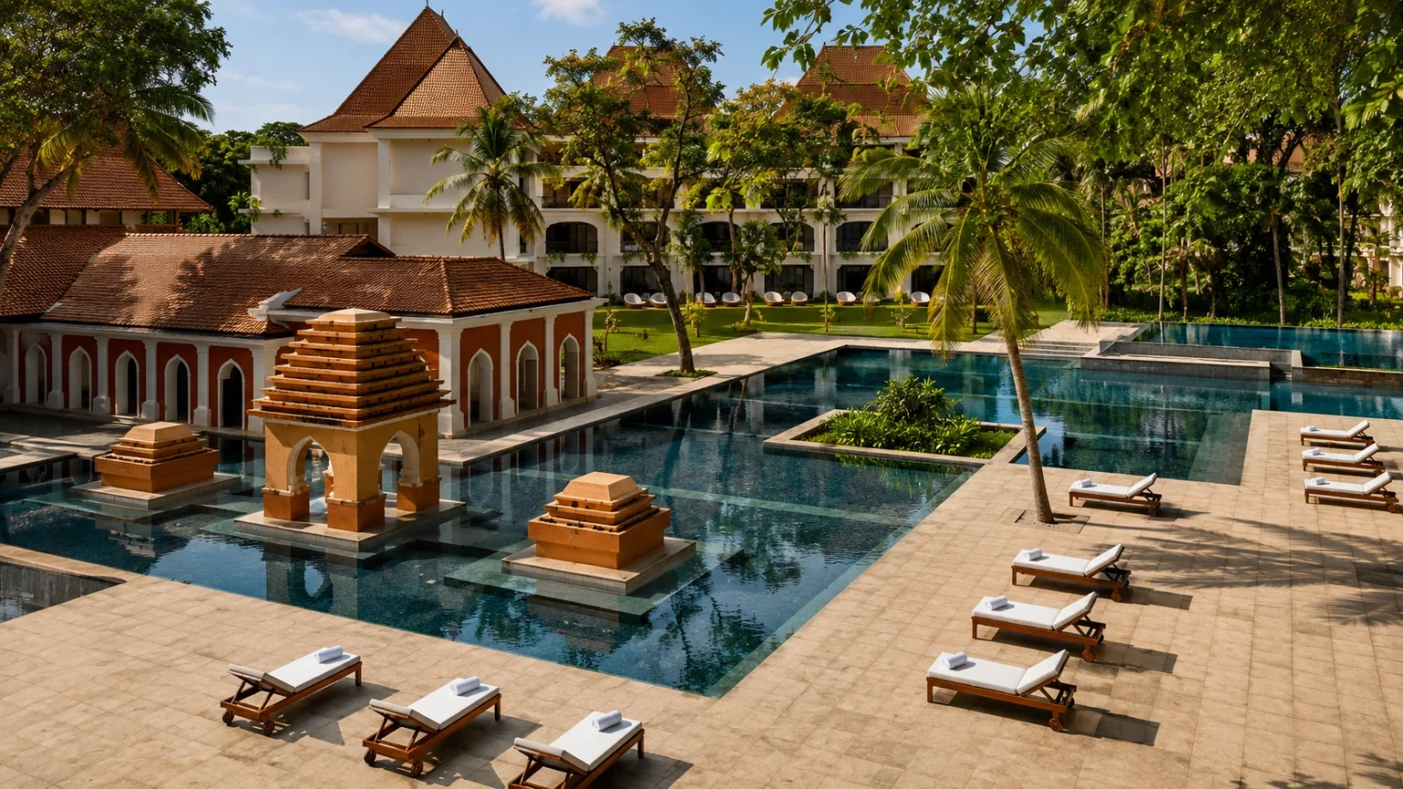Grand Hyatt Goa featuring elegant Indo-Portuguese architecture, reflecting pools, and landscaped tropical gardens.