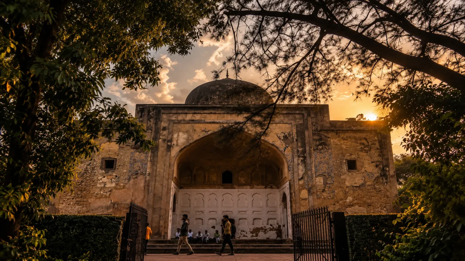 Historic Mughal monument surrounded by large trees and illuminated by the warm glow of the setting sun in Agra.