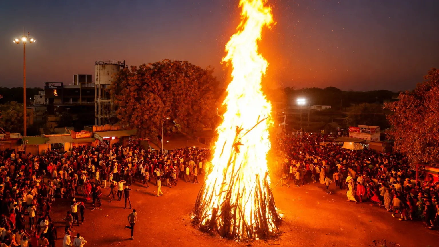 A towering Holika Dahan bonfire surrounded by hundreds of people celebrating the eve of Holi in a vibrant Indian festival atmosphere.