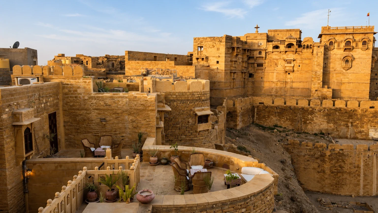 Rooftop terrace at Hotel Killa Bhawan overlooking the historic Jaisalmer Fort and Golden City skyline.