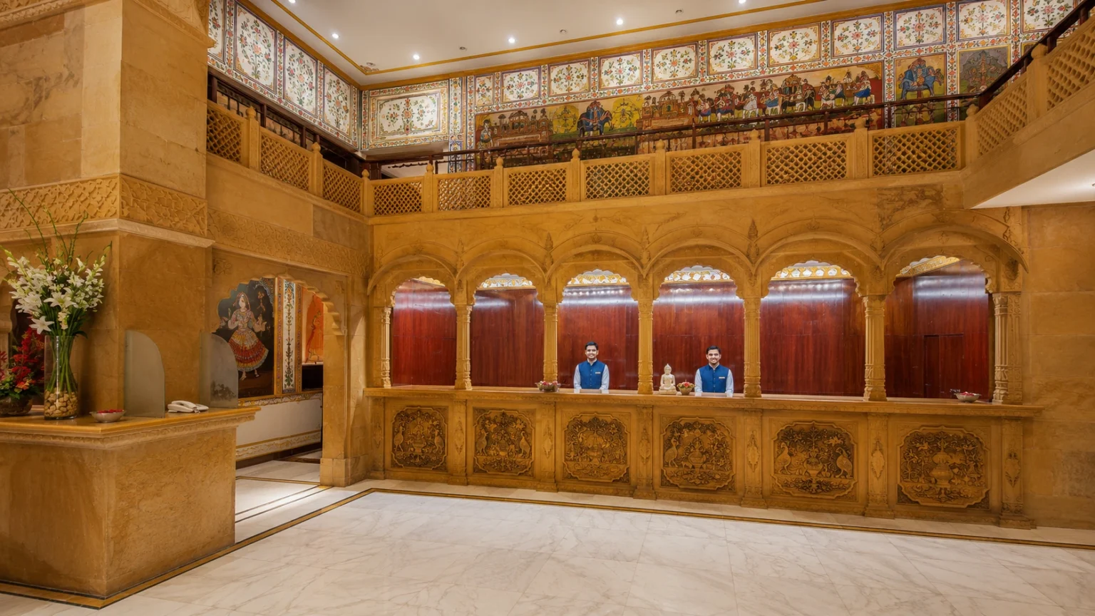 Elegant restaurant interior at Hotel Rang Mahal Jaisalmer with traditional décor and fine dining seating.