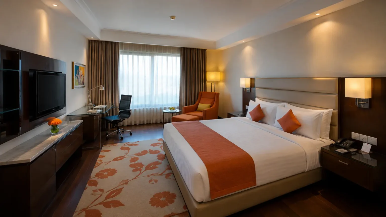 An elegant hotel room featuring a king-size bed with orange bedding runners, wood flooring, and a plush armchair at Howard Plaza The Fern Agra.
