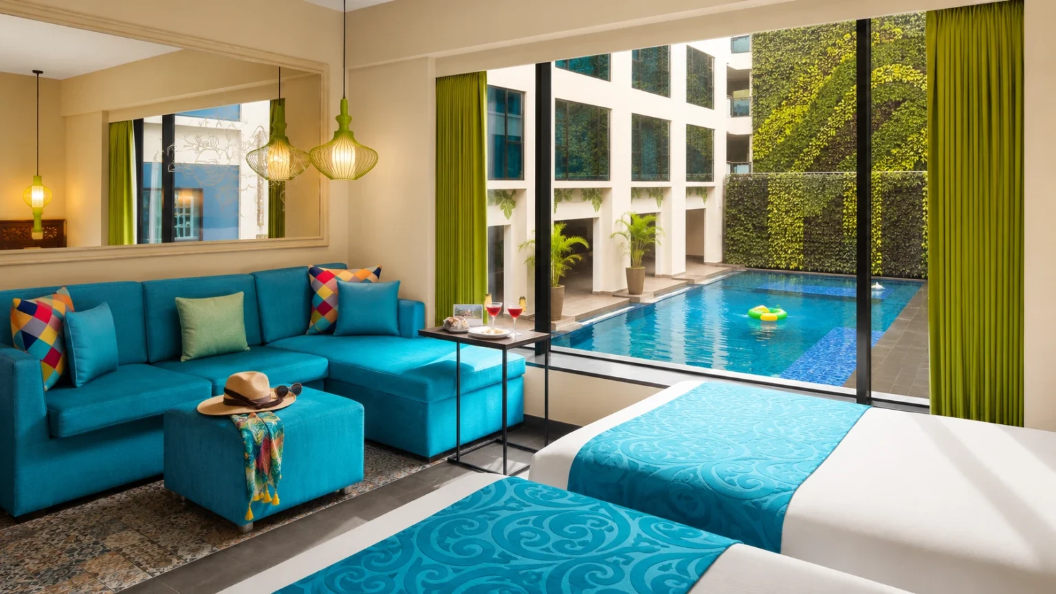 Modern guest room at Hyatt Centric Candolim Goa overlooking the swimming pool with stylish contemporary interiors.