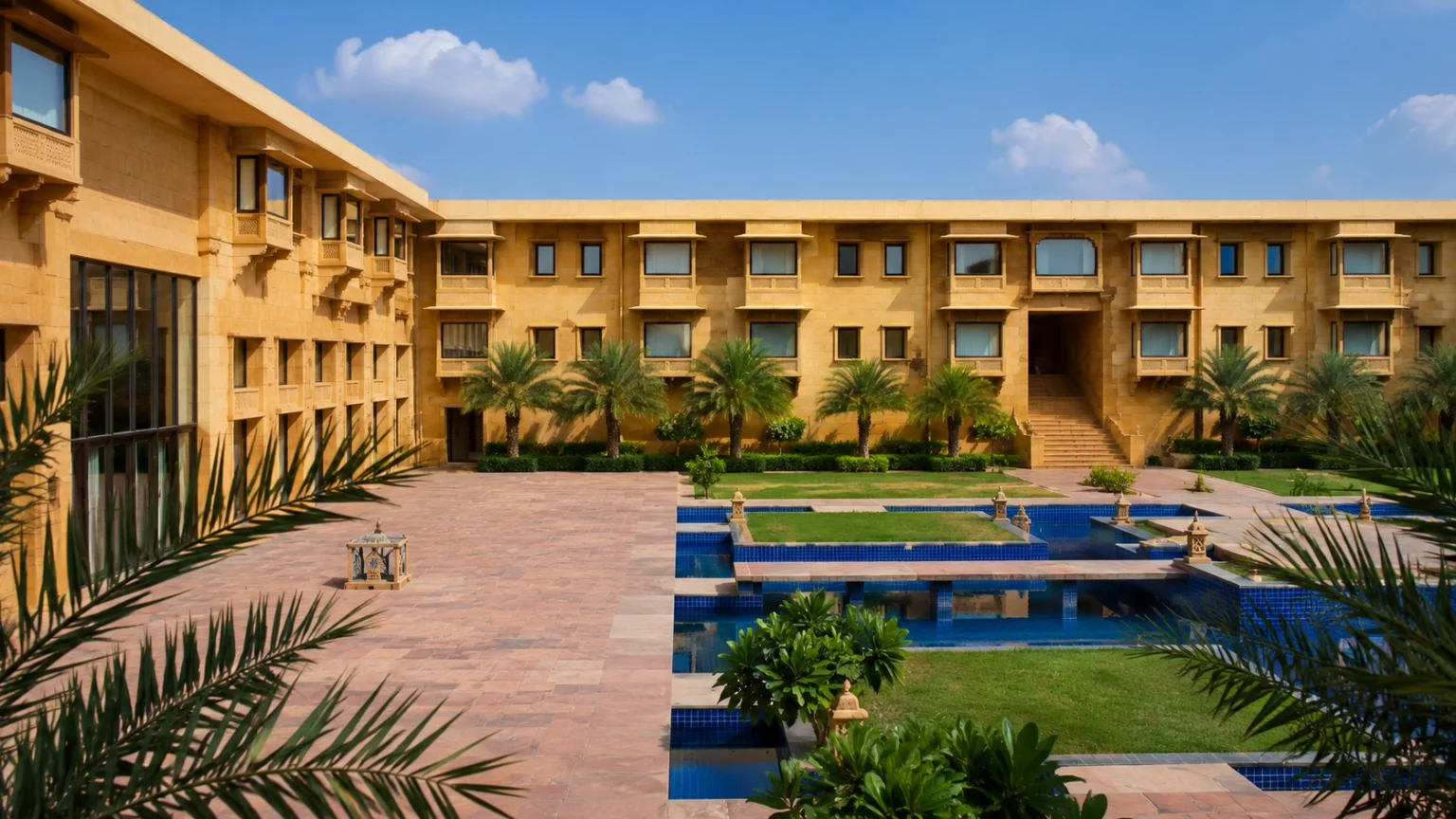 Courtyard garden at Jaisalmer Marriott Resort & Spa featuring landscaped lawns, water features and luxury accommodations.
