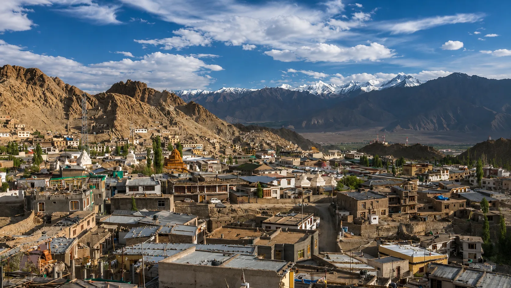 Panoramic view of Leh town in Ladakh with traditional houses, rugged mountains, and snow-capped Himalayan peaks under a dramatic blue sky.