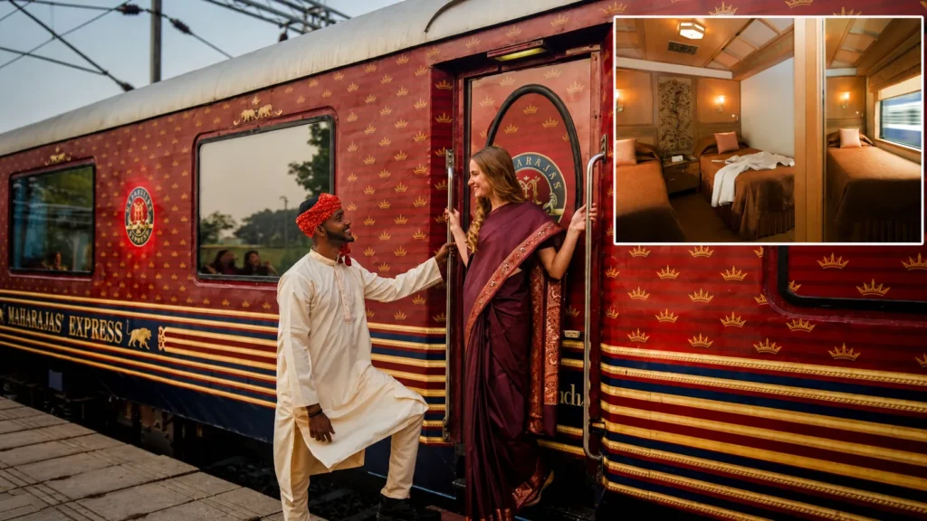Elegant twin-bed cabin aboard the Maharajas' Express luxury train
