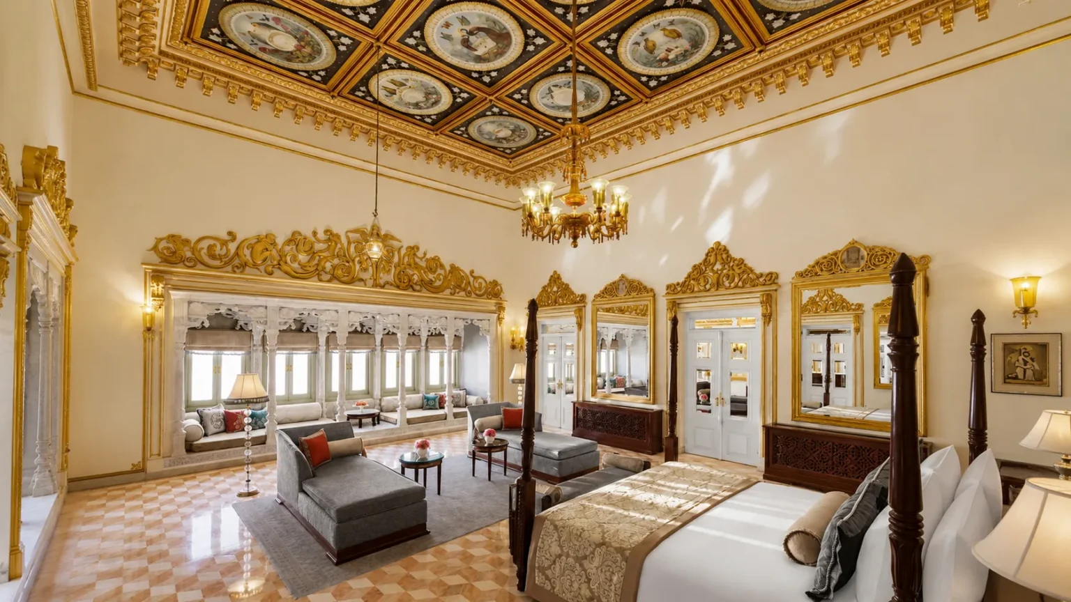 Elegant luxury suite at Taj Lake Palace Udaipur featuring ornate ceilings, royal décor, spacious living area, and timeless Rajasthani craftsmanship overlooking Lake Pichola.