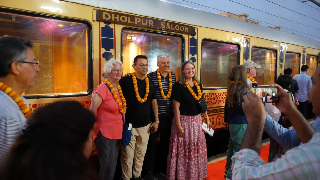 Guests welcomed with marigold garlands at the Palace On Wheels luxury train