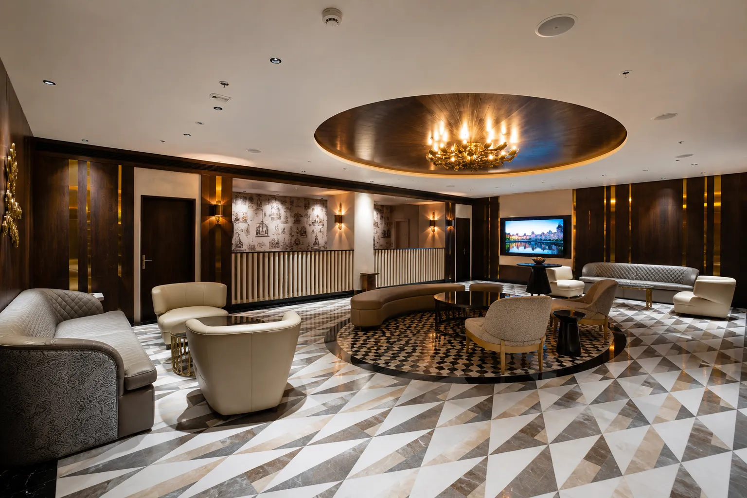 Contemporary hotel lobby at Parallel Hotel Udaipur featuring designer lighting, marble flooring and luxury seating.
