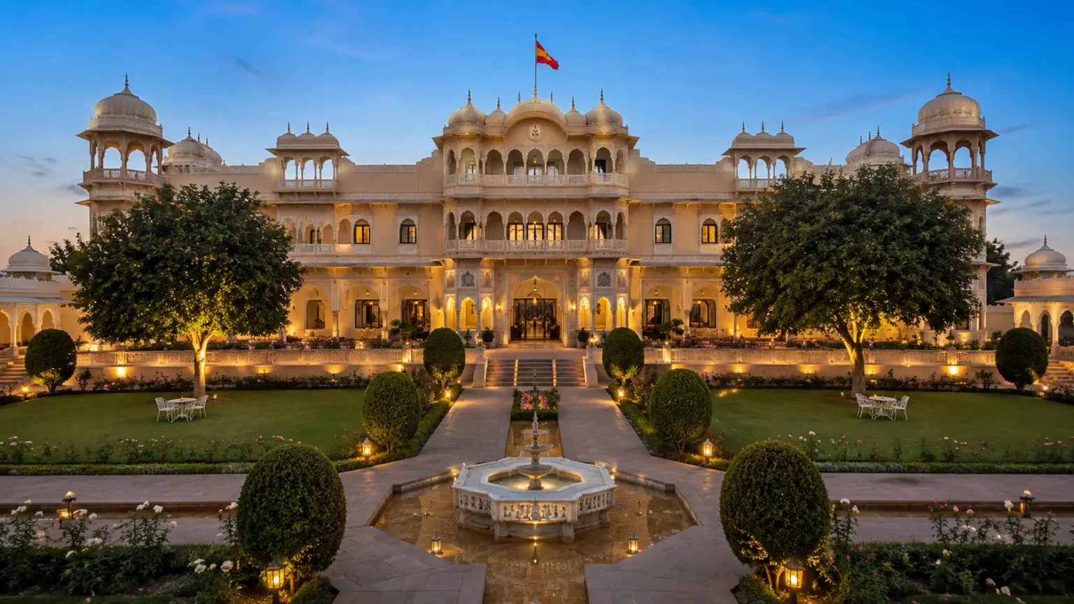 Grand facade of Nahargarh Ranthambhore heritage palace hotel with manicured gardens and traditional Rajasthani architecture.