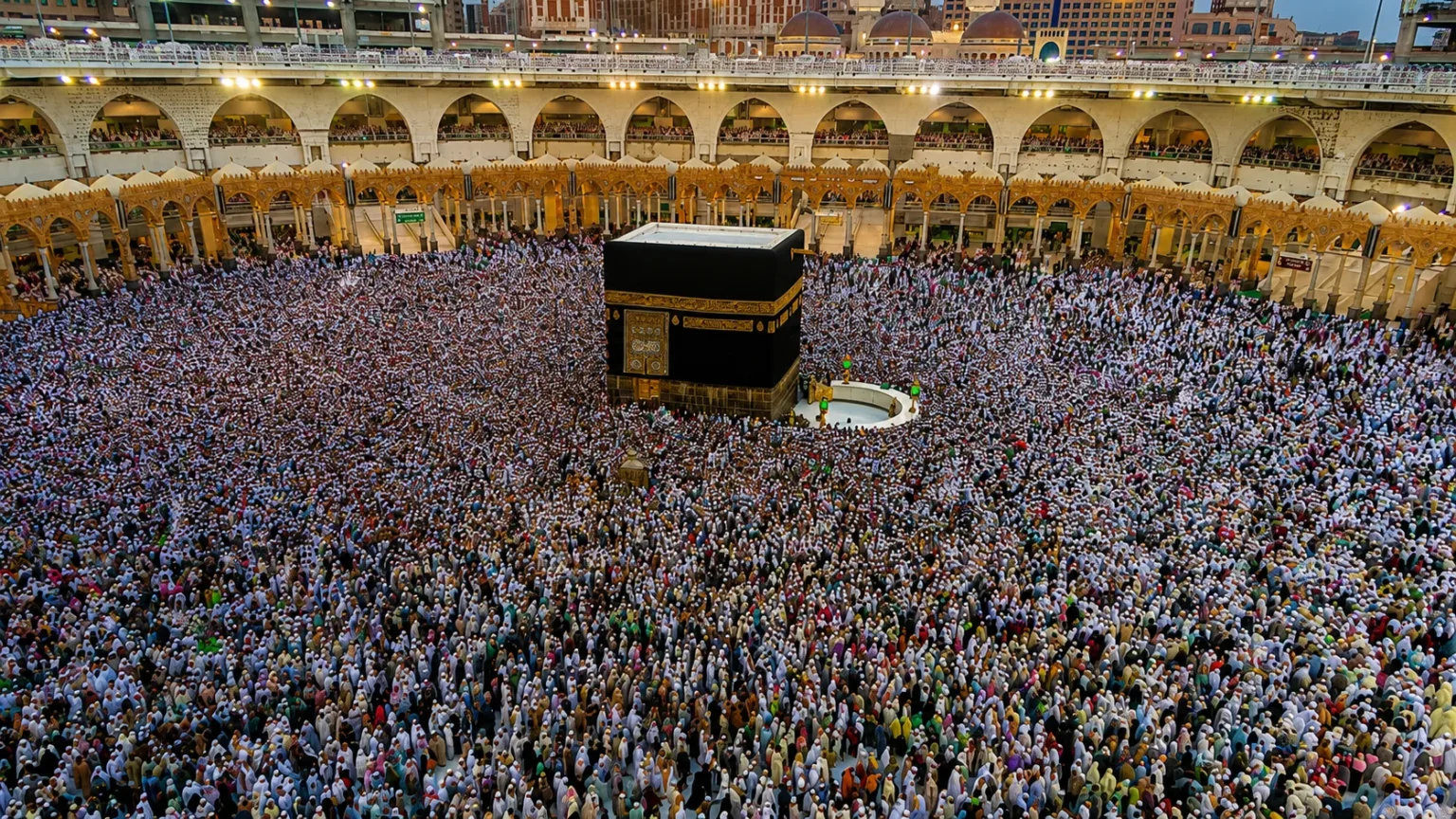 Thousands of Muslim pilgrims gathered around the Kaaba inside Masjid al-Haram in Makkah during a pilgrimage.