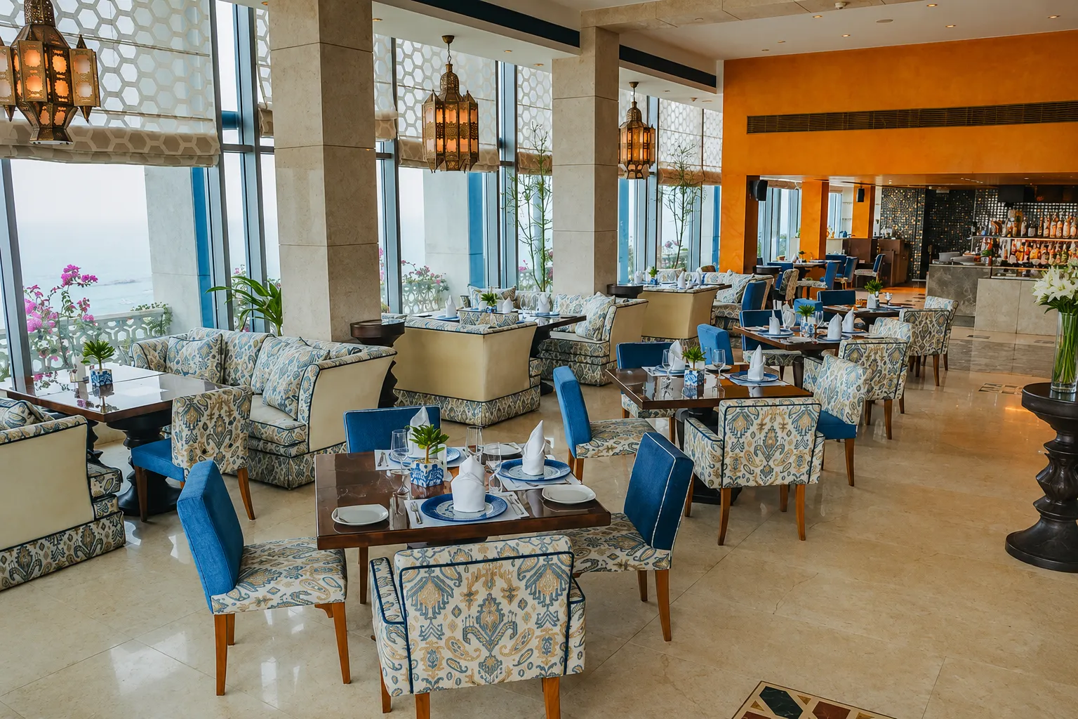 A sprawling luxury inerior dining area at taj agra resort in Agra.