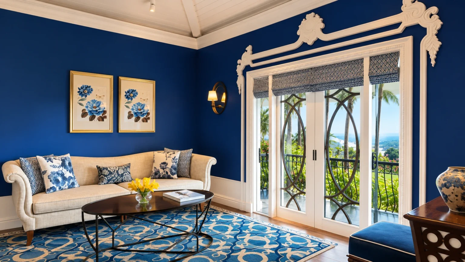 Elegant suite interior at Taj Fort Aguada Resort & Spa featuring blue décor and panoramic views of the Arabian Sea.