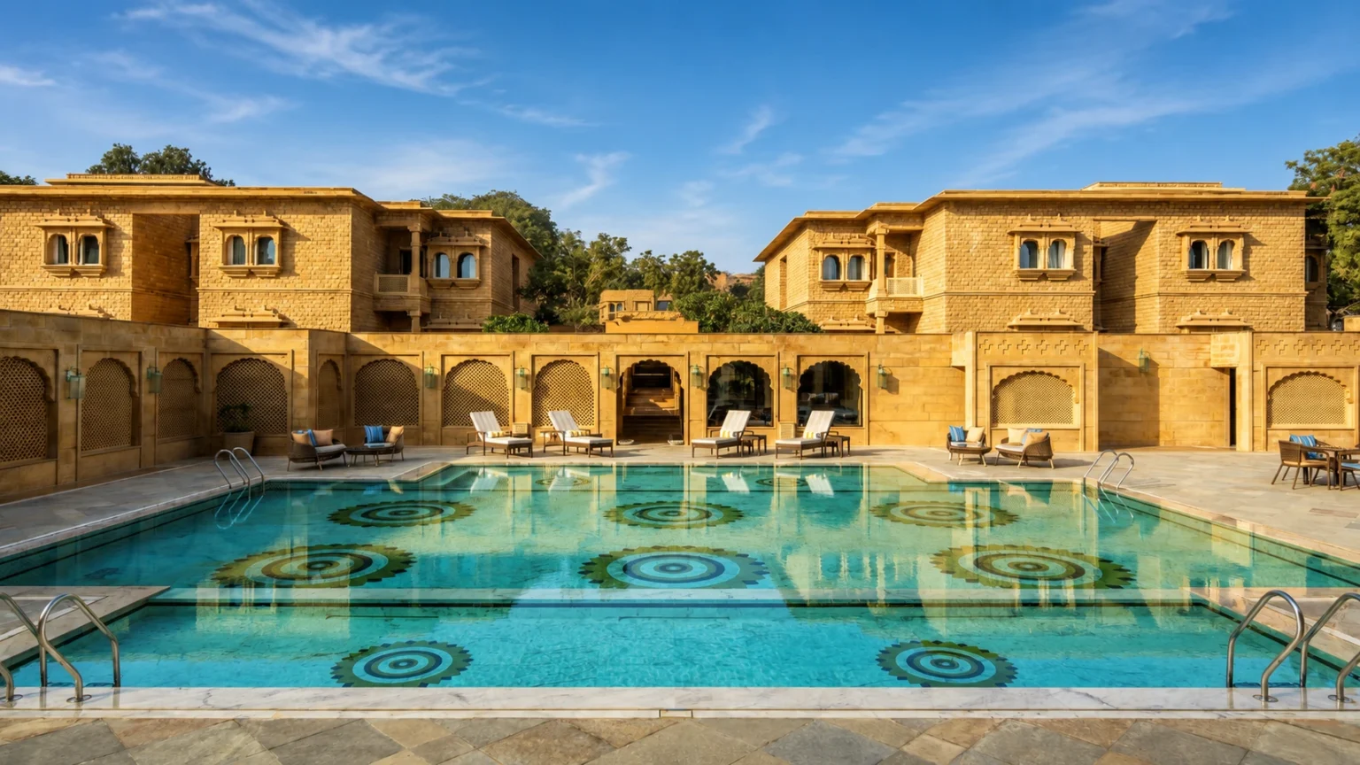 Outdoor swimming pool at Taj Gorbandh Palace Jaisalmer with luxury seating and sandstone architecture.