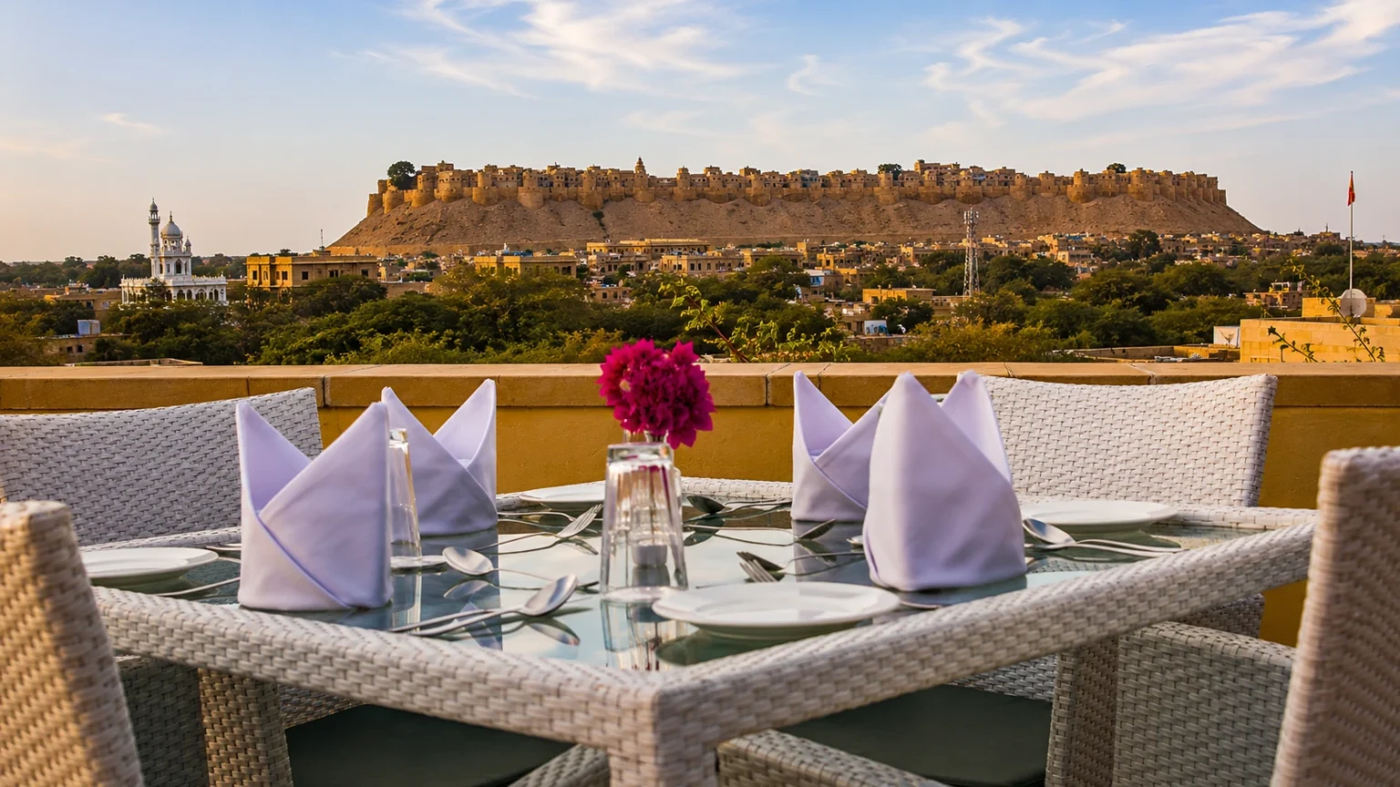 Rooftop dining area at The Gulaal Jaisalmer with panoramic views of Jaisalmer Fort and city skyline.