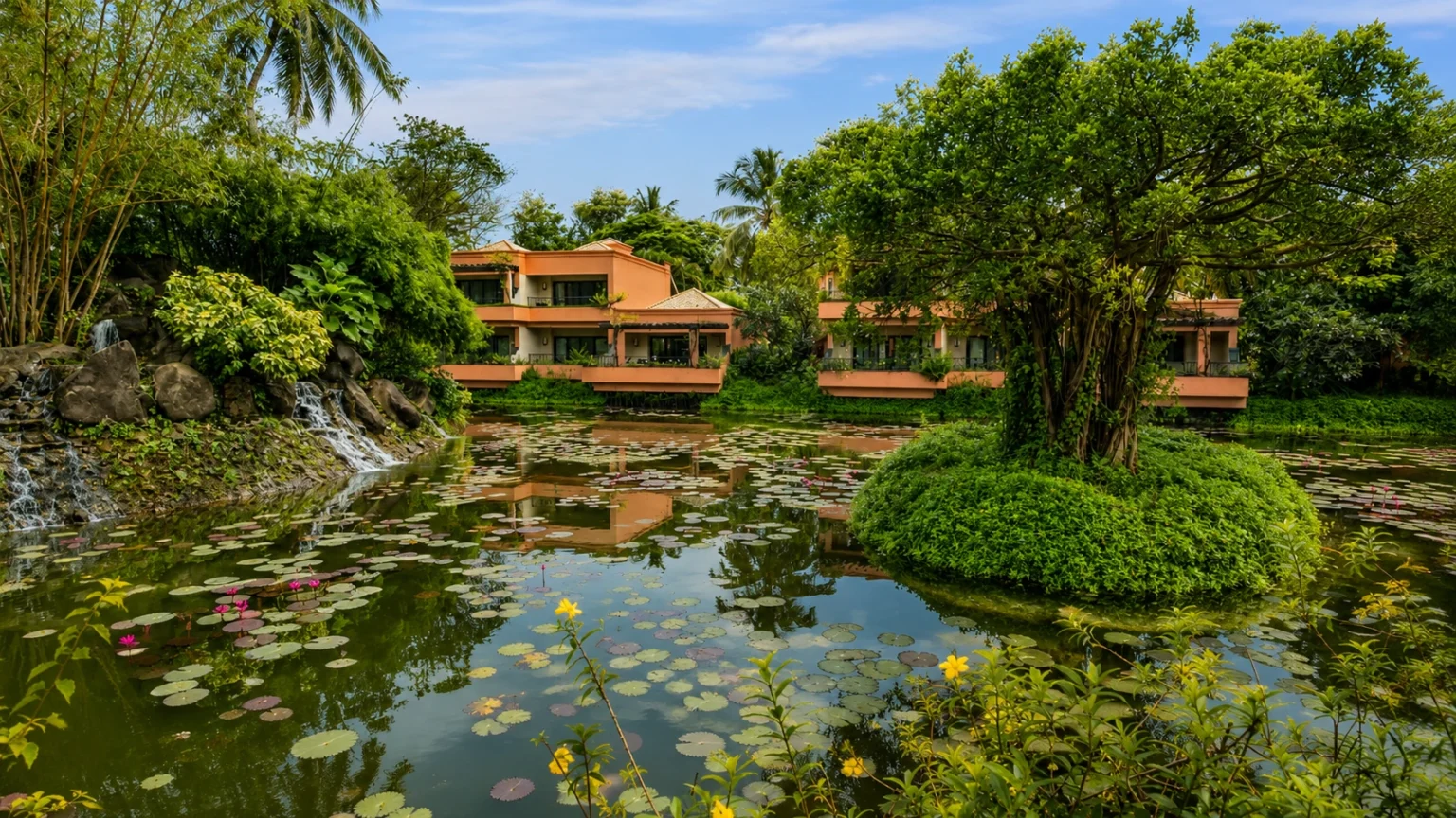 Luxury villas surrounded by tropical gardens, lotus ponds, and cascading waterfalls at The St. Regis Goa Resort.
