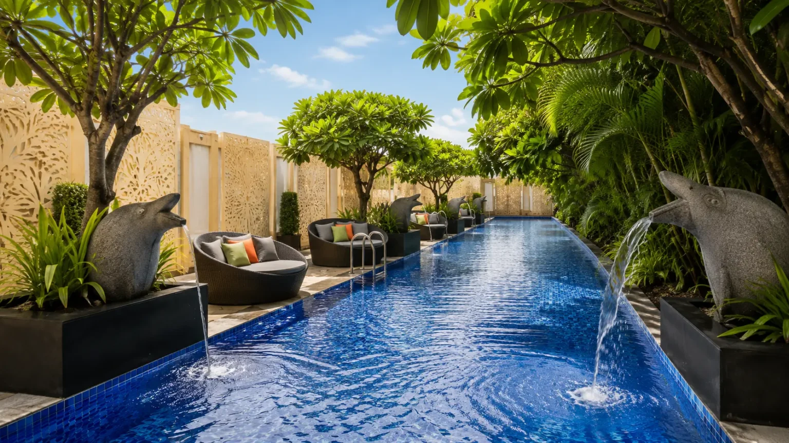 Outdoor swimming pool at The Tigress Resort & Spa in Ranthambore with sun loungers, tropical trees, and luxury accommodations.
