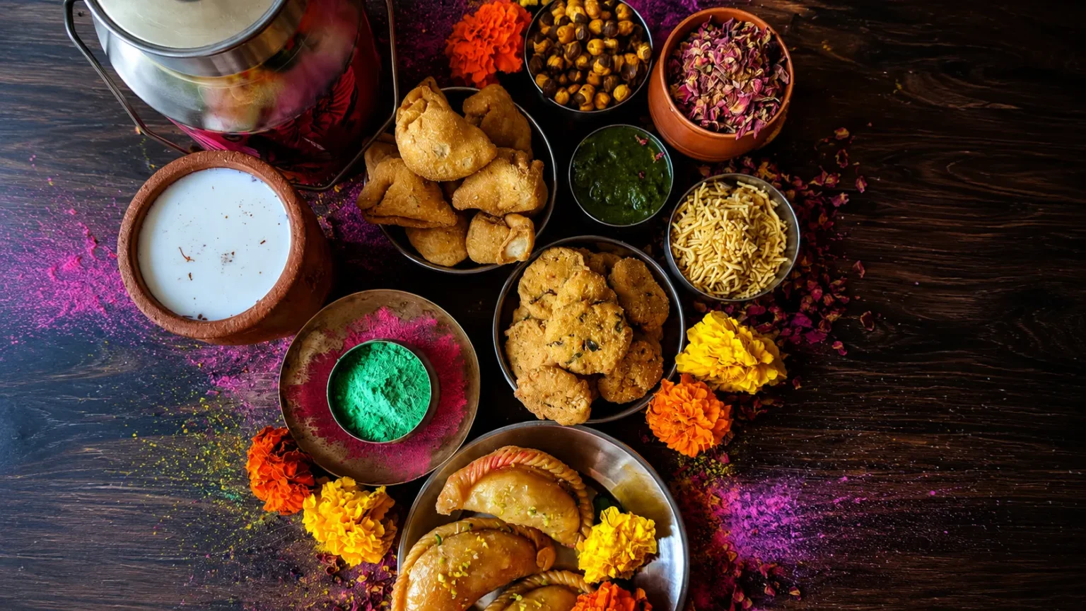 A festive spread of traditional Holi delicacies including gujiya, thandai, samosas, pakoras, chutney, namkeen and colorful gulal arranged on a wooden table.