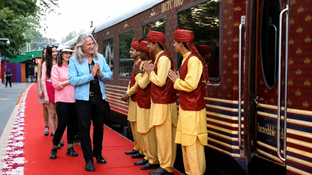 Traditional Namaste welcome aboard the Maharajas' Express luxury train
