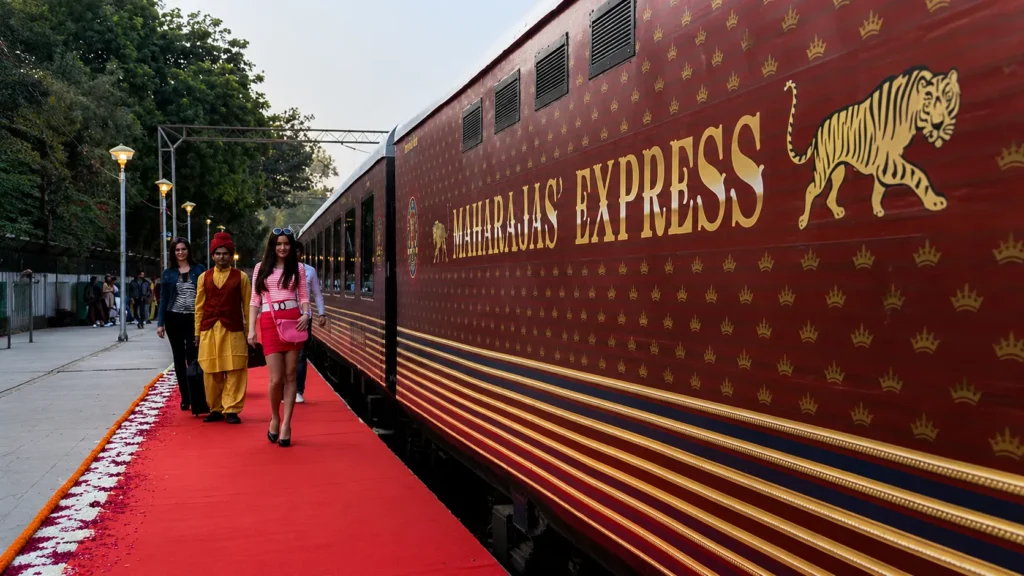Traditional Rajasthani welcome with floral garlands at the Maharajas' Express