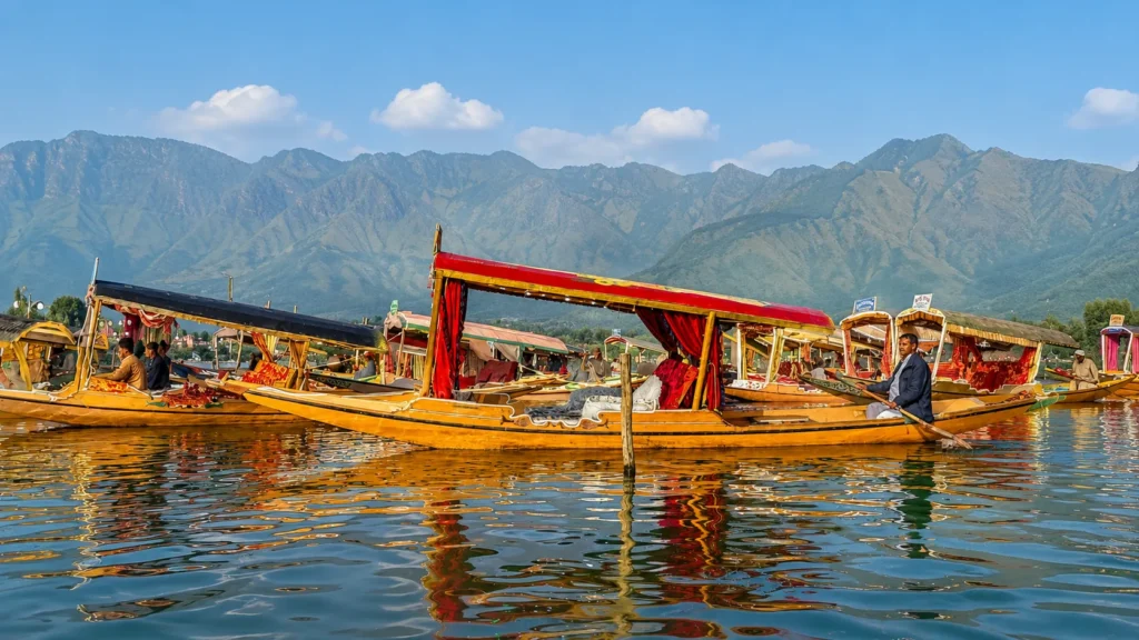 Traditional wooden shikara boats floating on Dal Lake during the daytime with the Zabarwan Mountains in the background, Srinagar, Kashmir.