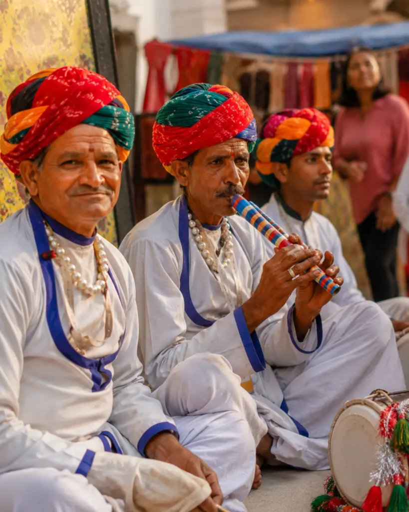 Close-up of traditional folk musicians from Rajasthan wearing bright multi-colored turbans.