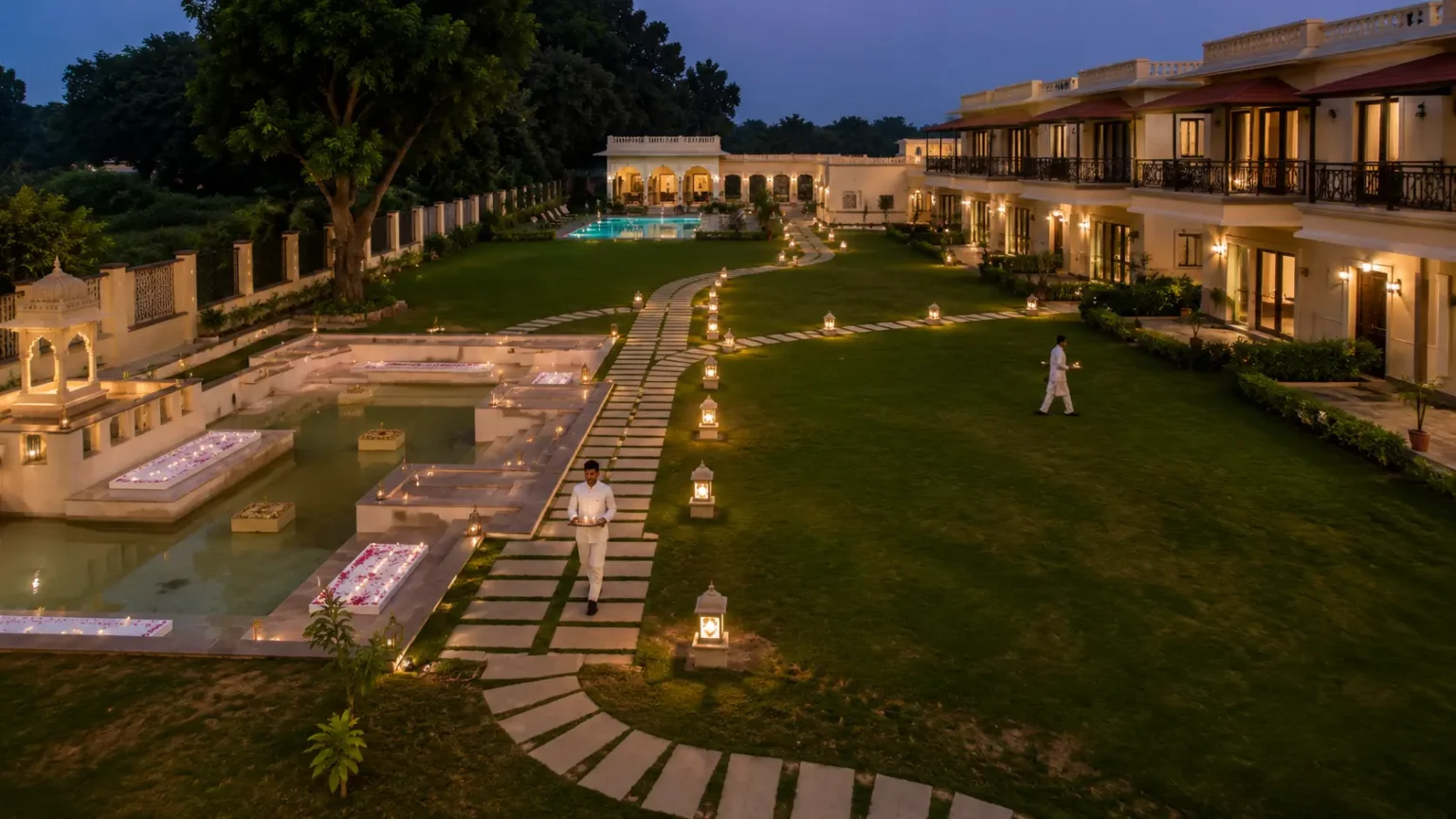 Luxury garden landscape at Tree of Life Resort and Spa featuring elegant pathways, water features, and boutique villas.