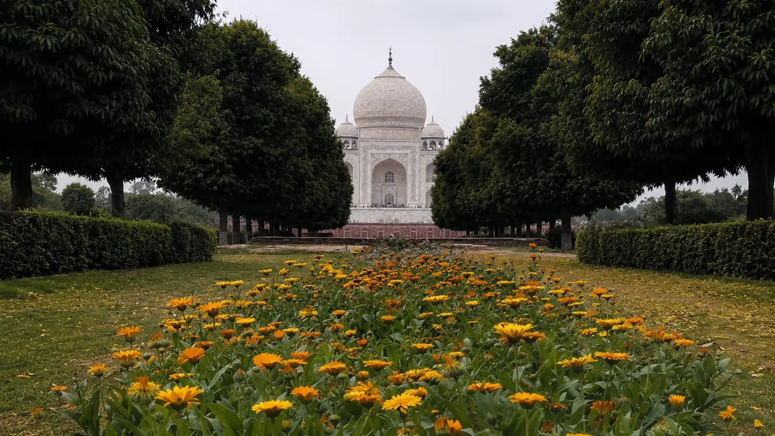 Beautiful landscaped Mughal garden featuring flowering plants, manicured lawns, and ornamental trees beneath a blue sky.