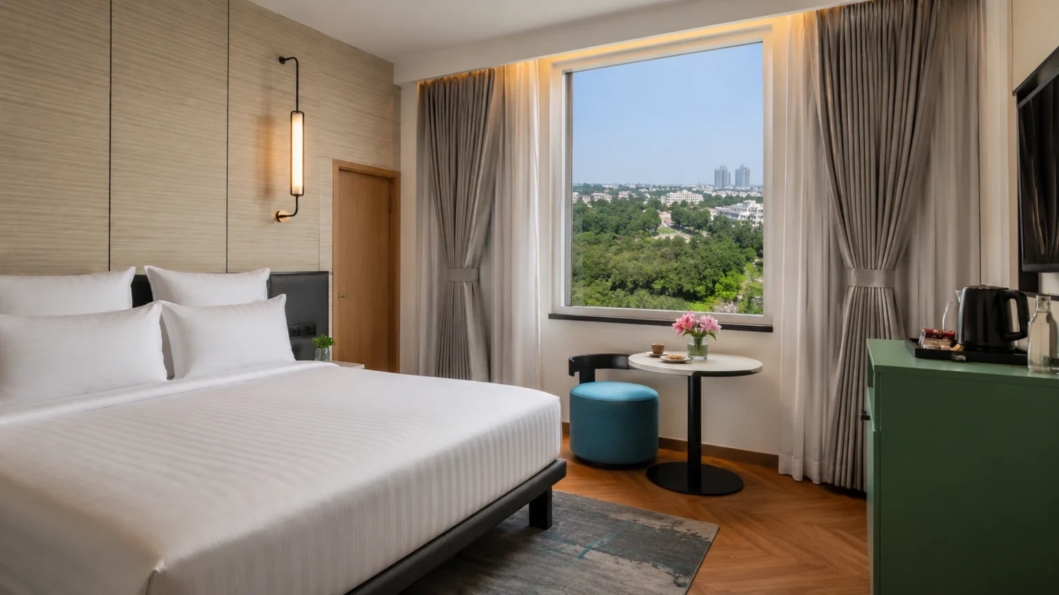 Contemporary hotel room interior at Fairfield by Marriott Jodhpur with clean white bedding, a turquoise ottoman, and a large window showcasing city greenery.