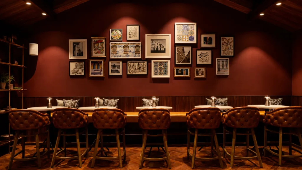 Chic bar seating at Novotel Jodhpur ITI Circle with tufted brown leather bar stools, chevron patterned wooden flooring, and a gallery wall of framed pictures against a deep maroon backdrop.