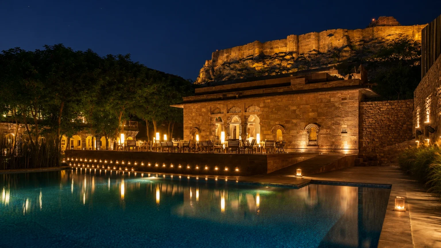 Luxury poolside dining tables illuminated by candles at night with a magnificent backdrop of the lit-up Mehrangarh Fort at RAAS Jodhpur.