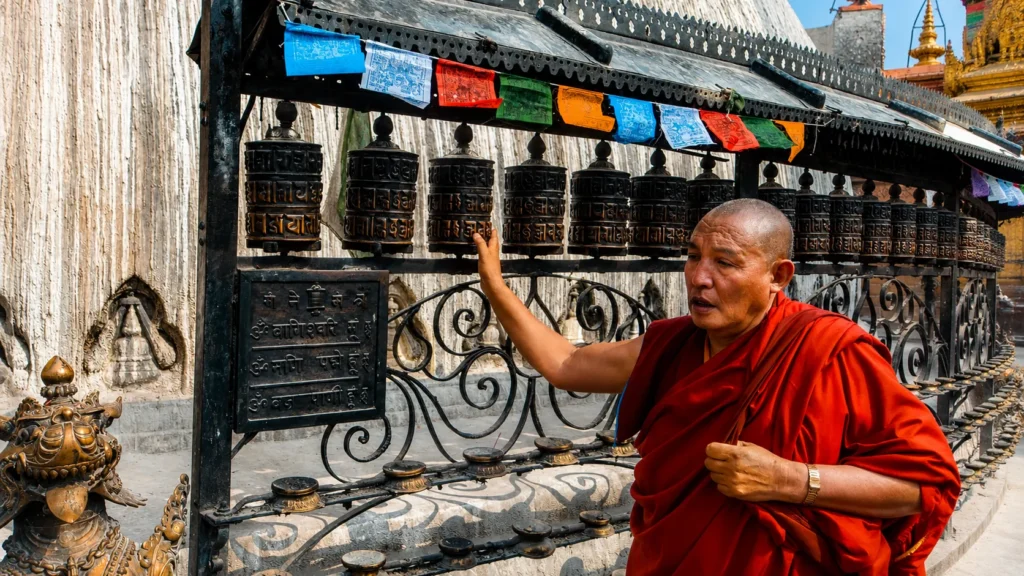 Buddhist monk in red robes turning traditional Tibetan prayer wheels beneath colorful prayer flags